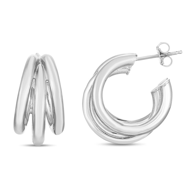 Silver with Rhodium Finish Polished Triple Strand Hoop Earring with Push Back Clasp