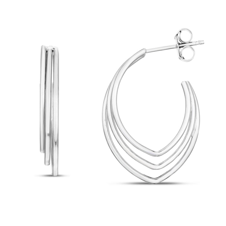 Silver with Rhodium Finish Polished Triple Row C Hoop Earring with Push Back Clasp