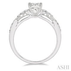 1/2 ctw Oval Shape Center Crisscross Carved Shank Lovebright Round Cut Diamond Engagement Ring in 14K White Gold