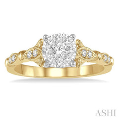 1/2 ctw Marquise Shank Circular Mount Lovebright Round Cut Diamond Ring in 14K Yellow and White gold