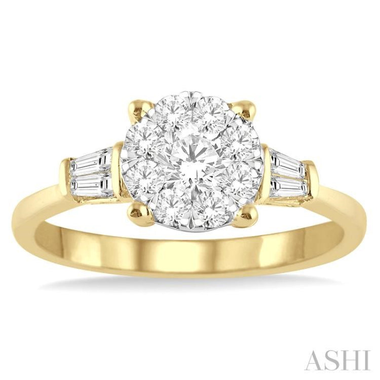 3/4 Ctw Round and Baguette Diamond Lovebright Engagement Ring in 14K Yellow and White gold