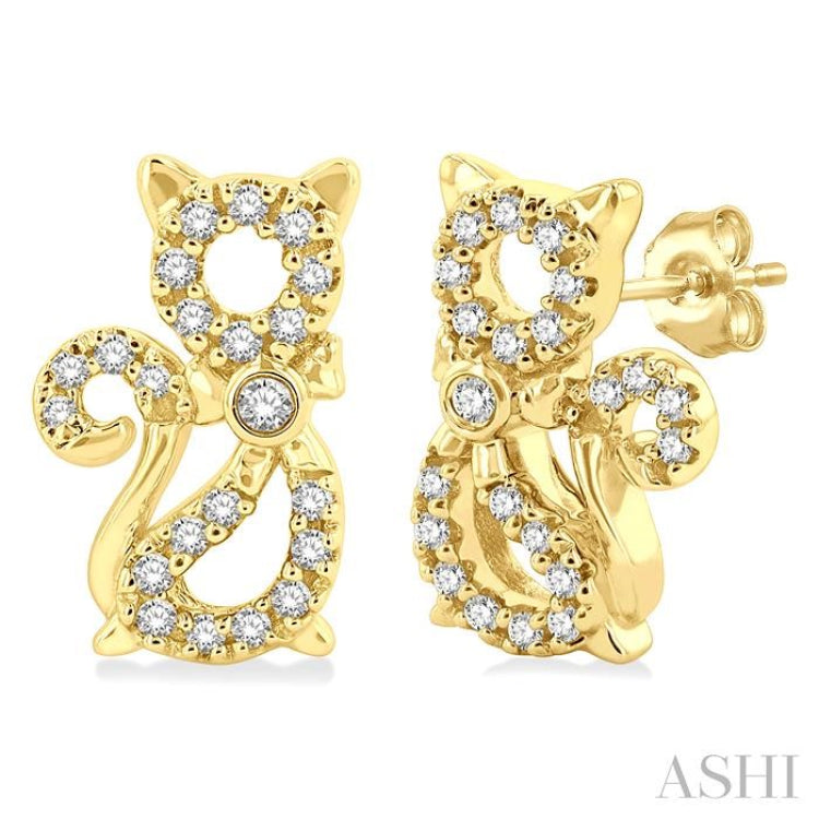 1/8 ctw Petite Cat Motif Round Cut Diamond Fashion Stud Earring in 10K Yellow Gold