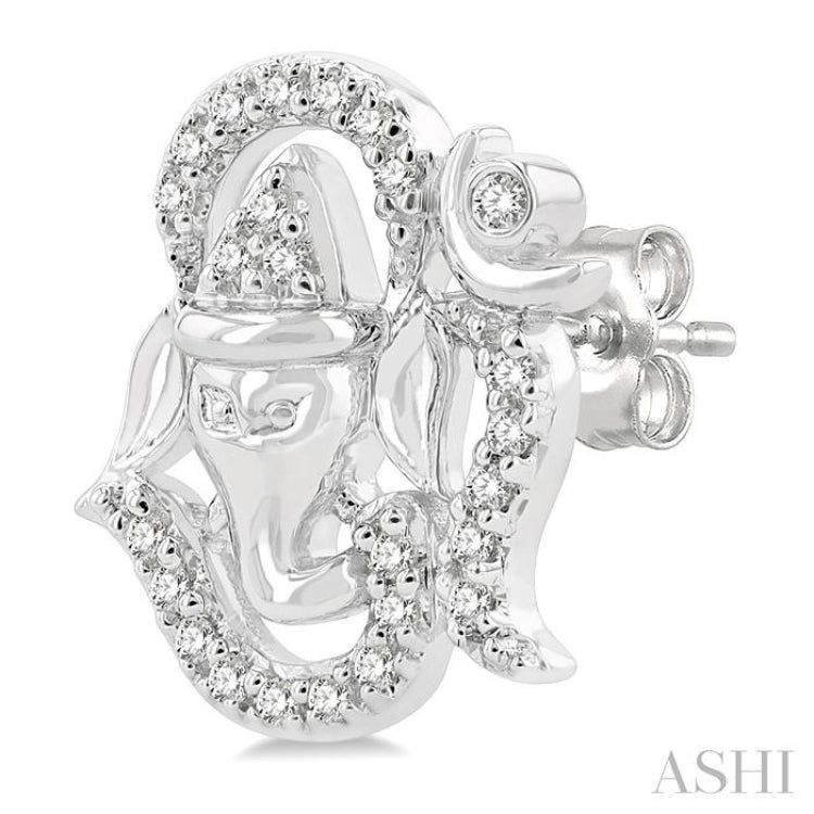 1/6 ctw Petite Ganesha in 'OM' Symbol Round Cut Diamond Fashion Stud Earring in 10K White Gold