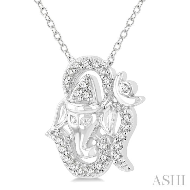 1/10 Ctw Ganesha in OM Petite Round Cut Diamond Fashion Pendant With Chain in 10K White Gold