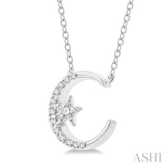 1/10 Ctw Crescent Moon and Star Round Cut Petite Diamond Fashion Pendant With Chain in 10K White Gold