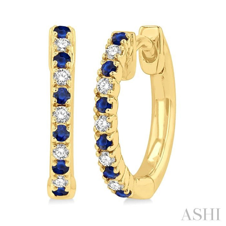 1/10 ctw Petite 1.35 MM Sapphire and Round Cut Diamond Precious Fashion Huggies in 10K Yellow Gold