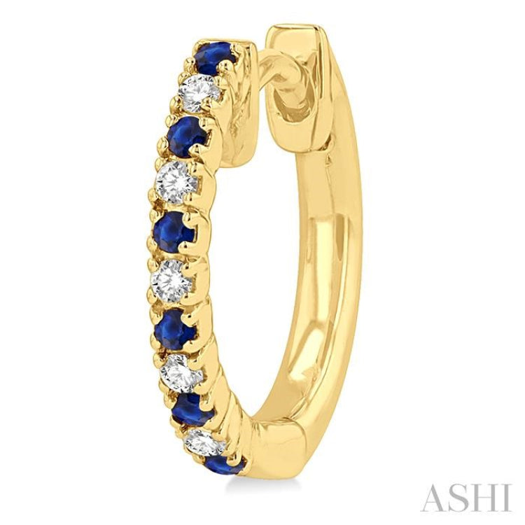 1/10 ctw Petite 1.35 MM Sapphire and Round Cut Diamond Precious Fashion Huggies in 10K Yellow Gold