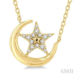 1/10 Ctw Crescent Moon and Star Round Cut Petite Diamond Fashion Pendant With Chain in 10K Yellow Gold