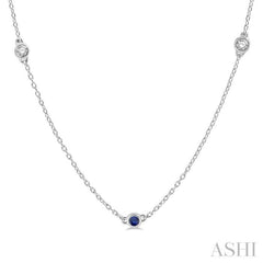 3/8 ctw Round Cut Diamond and 2.6MM Sapphire Precious Station Necklace in 14K White Gold