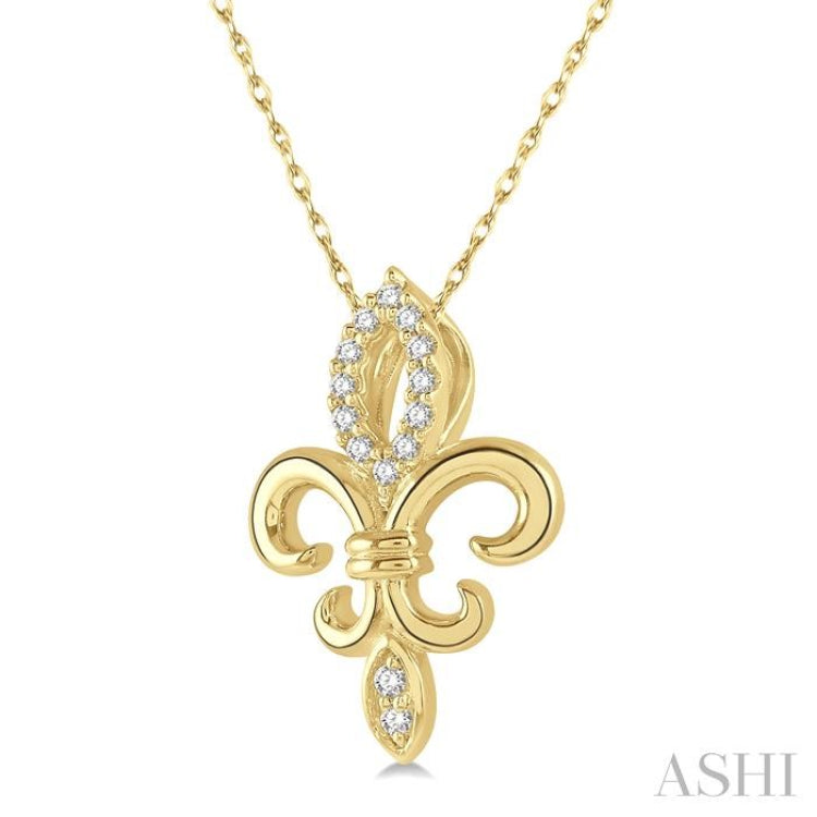 1/10 Ctw Fleur De Lis Round Cut Diamond Pendant With Chain in 10K Yellow Gold