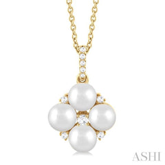 1/10 ctw Floral 5x5 MM Cultured Pearls and Round Cut Diamond Fashion Pendant With Chain in 10K Yellow Gold