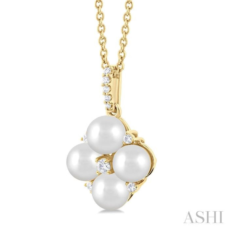 1/10 ctw Floral 5x5 MM Cultured Pearls and Round Cut Diamond Fashion Pendant With Chain in 10K Yellow Gold