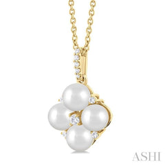 1/10 ctw Floral 5x5 MM Cultured Pearls and Round Cut Diamond Fashion Pendant With Chain in 10K Yellow Gold