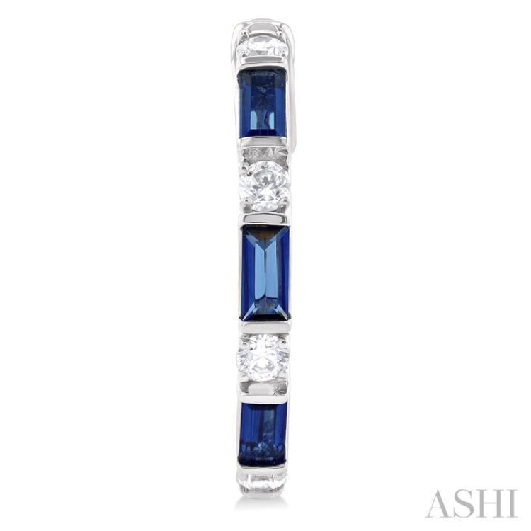 1/3 ctw Art Deco 4X2 MM Baguette Cut Sapphire and Round Cut Diamond Precious Hoop Earring in 14K White Gold