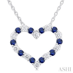 1/8 ctw Open Heart 1.4 MM Round Cut Sapphire and Round Cut Diamond Precious  Fashion Pendant With Chain in 14K White Gold