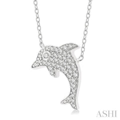 1/6 ctw Sealife Petite Dolphin Round Cut Diamond Fashion Pendant With Chain in 10K White Gold