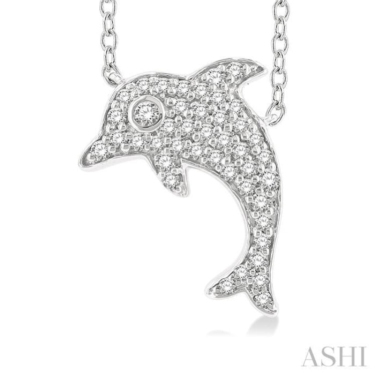 1/6 ctw Sealife Petite Dolphin Round Cut Diamond Fashion Pendant With Chain in 10K White Gold