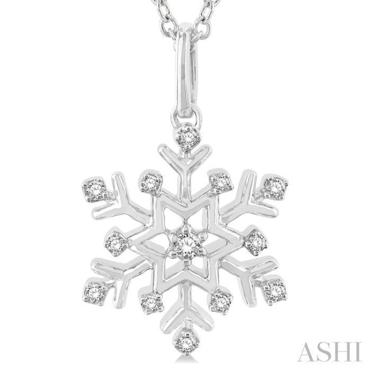 1/10 ctw Petite Snowflake Round Cut Diamond Fashion Pendant With Chain in 10K White Gold