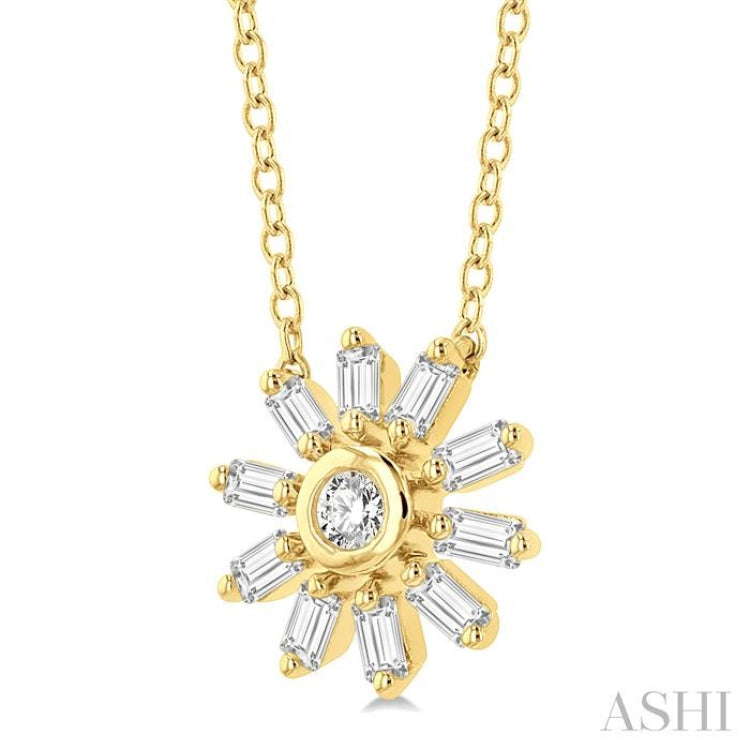 1/6 ctw Petite Wheel Baguette and Round Cut Diamond Fashion Pendant With Chain in 10K Yellow Gold