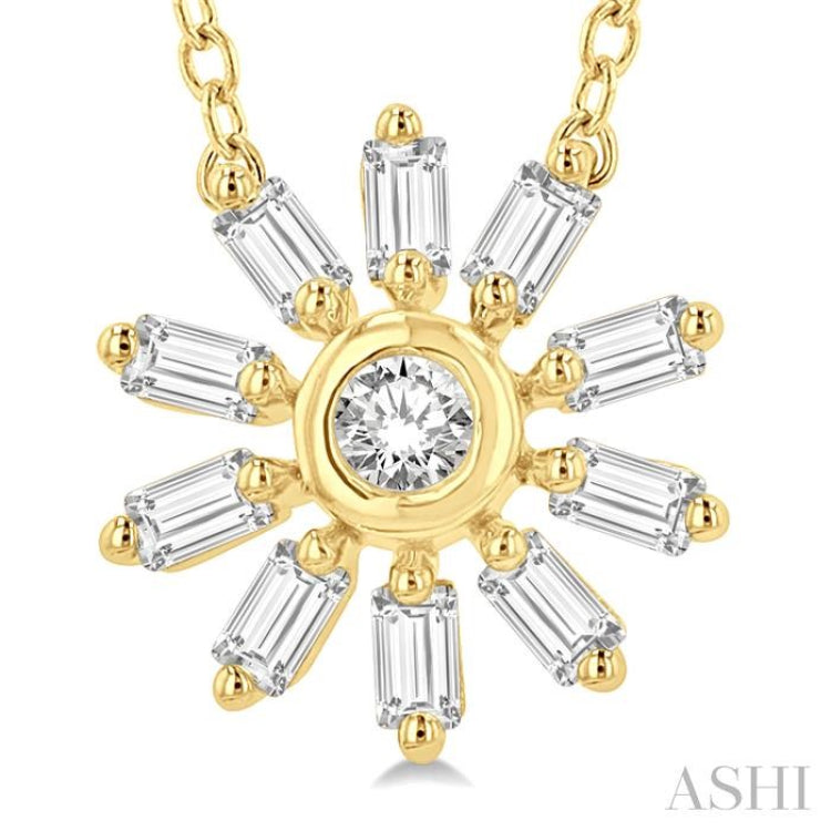 1/6 ctw Petite Wheel Baguette and Round Cut Diamond Fashion Pendant With Chain in 10K Yellow Gold