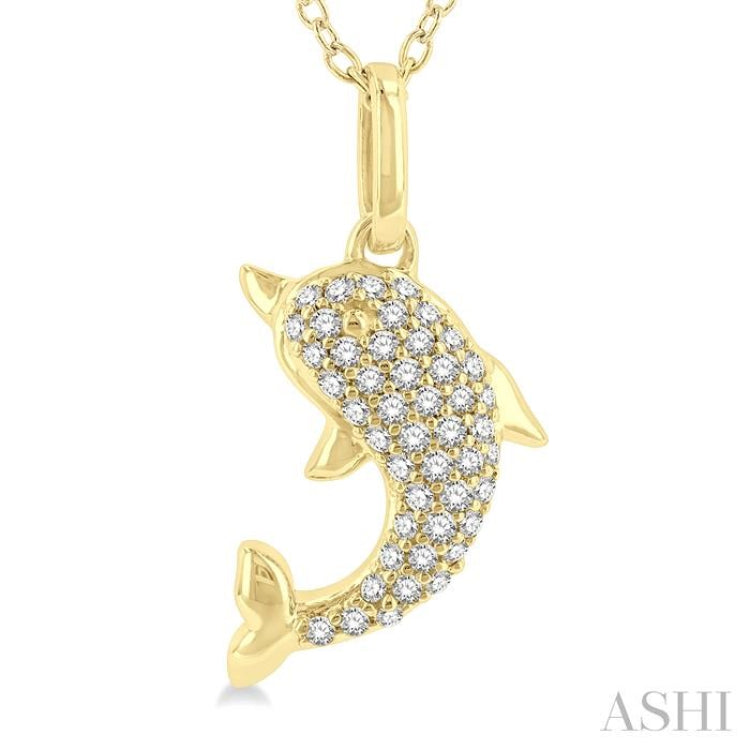 1/6 ctw Petite Sealife Dolphin Round Cut Diamond Fashion Pendant With Chain in 10K Yellow Gold