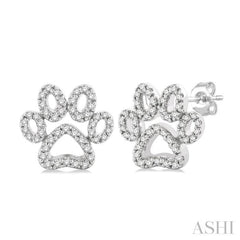 1/4 ctw Petite Dog Paw Round Cut Diamond Fashion Stud Earring in 10K White Gold