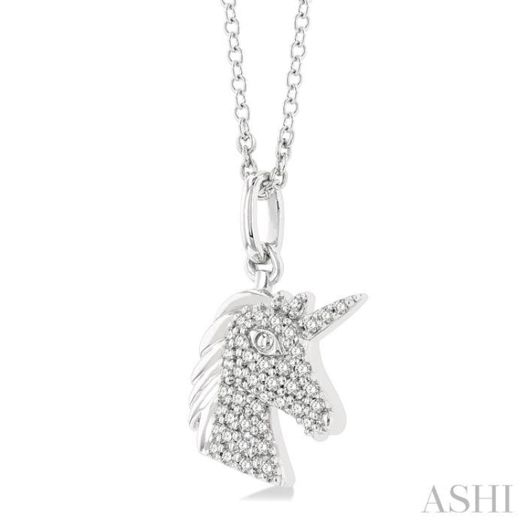 1/6 ctw Petite Unicorn Head Round Cut Diamond Fashion Pendant With Chain in 10K White Gold