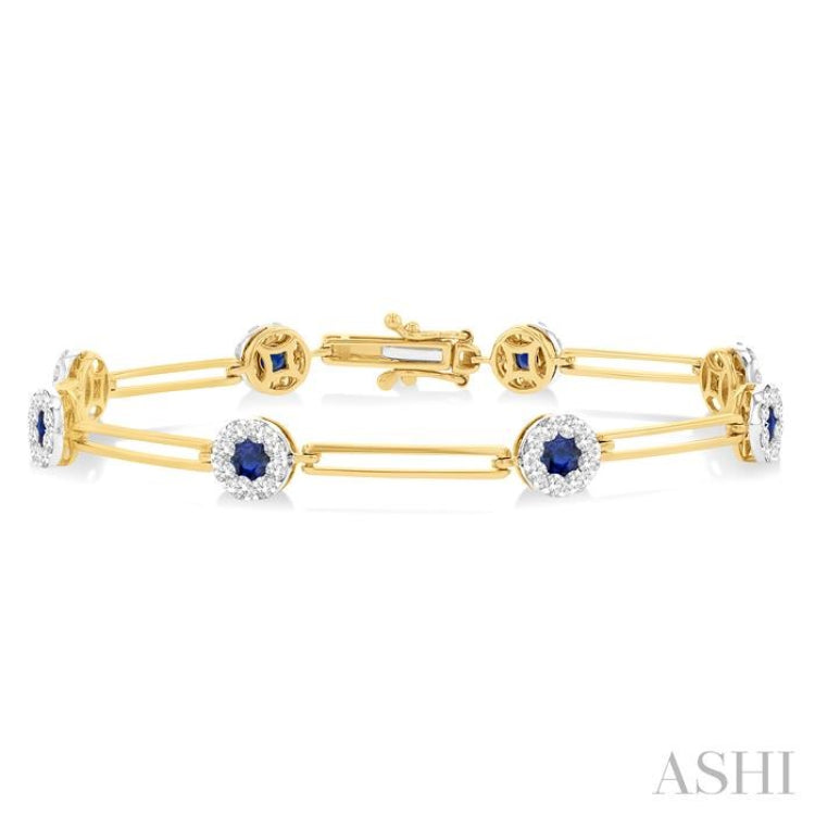 1 1/5 ctw Lovebright 3.00MM Sapphire and Round Cut Diamond Paper Clip Precious Bracelet in 14K Yellow and White Gold