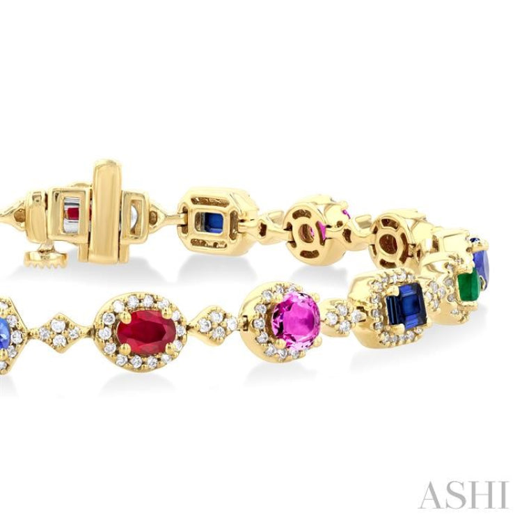 4X3 MM & 4 MM Mixed Shape Gemstone Rainbow and 1 ctw Round Cut Diamond Halo Precious Tennis Bracelet in 14K Yellow Gold