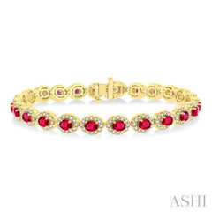 2 1/6 ctw Oval Cut 4X3 MM Ruby and Round Cut Diamond Halo Precious Bracelet in 14K Yellow Gold