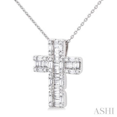 1/2 ctw Fusion Baguette and Round Cut Diamond Cross Fashion Pendant With Chain in 14K White Gold