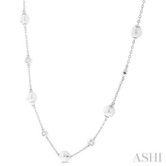 5 MM Round Shape Cultured Pearls and 1/4 Ctw Round Cut Diamond Station Necklace in 14K White Gold