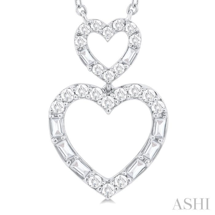 1/3 ctw Twin Heart Fusion Baguette and Round Cut Diamond Necklace in 10K White Gold