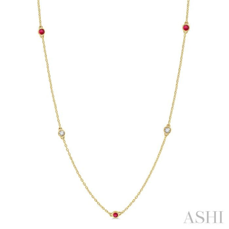 3/8 ctw Round Cut Diamond and 2.6MM Ruby Precious Station Necklace in 14K Yellow Gold