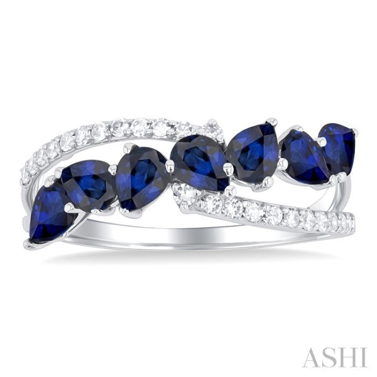 4X3MM Pear Shape Sapphire and 1/6 ctw Single Cut Diamond Precious Fashion Ring in 14K White Gold