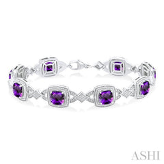 1/10 ctw Cushion Shape 7X7 MM Amethyst and Round Cut Diamond Semi Precious Bracelet in Sterling Silver