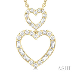 1/3 ctw Twin Heart Fusion Baguette and Round Cut Diamond Necklace in 10K Yellow Gold