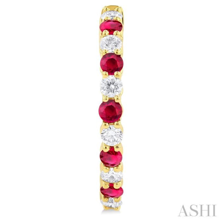 7/8 ctw Round 2.7 MM Ruby and Round Cut Diamond Precious Hoop Earring in 14K Yellow Gold