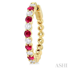 7/8 ctw Round 2.7 MM Ruby and Round Cut Diamond Precious Hoop Earring in 14K Yellow Gold