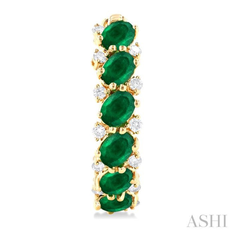 1/4 Ctw Oval Cut 4X3 MM Emerald and Round Cut Diamond Precious Hoop Earring in 14K Yellow Gold