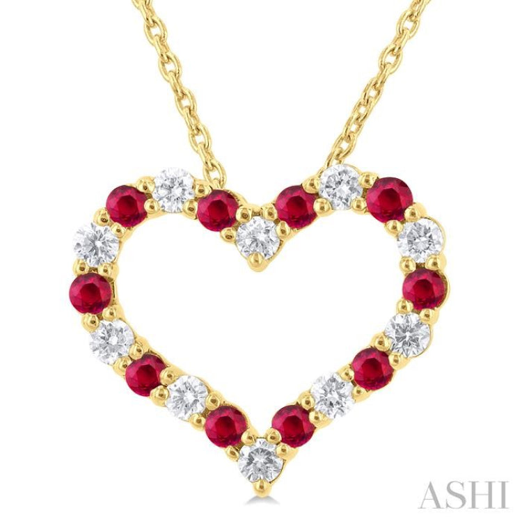 1/4 ctw Open Heart 1.80 MM Round Cut Ruby and Round Cut Diamond Precious  Fashion Pendant With Chain in 14K Yellow Gold