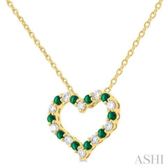 1/8 ctw Open Heart 1.4 MM Round Cut Emerald and Round Cut Diamond Precious  Fashion Pendant With Chain in 14K Yellow Gold