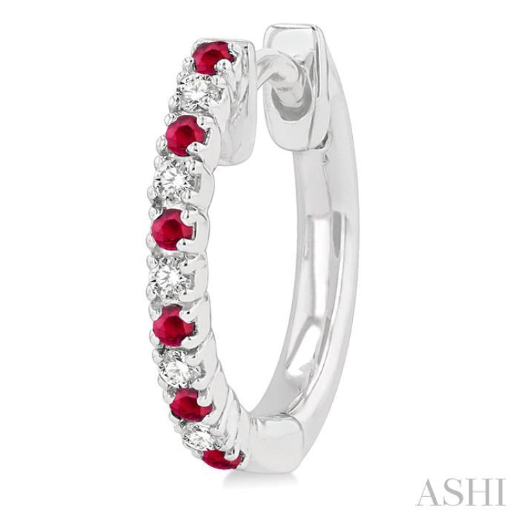 1.35 MM Round Shape Ruby and 1/10 Ctw Round Cut Diamond Petite Precious Fashion Huggies in 10K White Gold