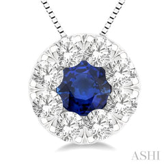 1/3 ctw Round Cut and 3.8MM Sapphire Lovebright Diamond Precious Pendant With Chain in 14K White Gold