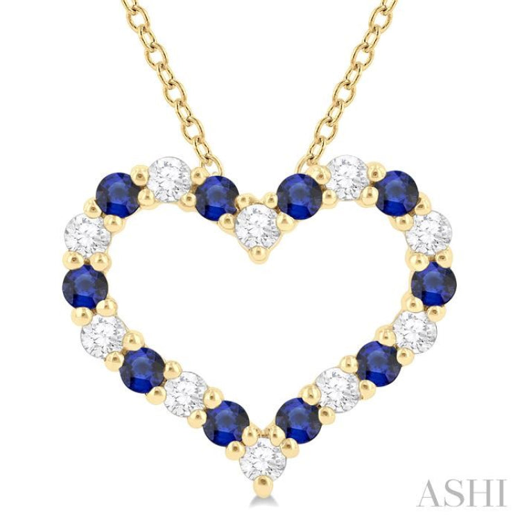 1/4 ctw Open Heart 1.80 MM Round Cut Sapphire and Round Cut Diamond Precious  Fashion Pendant With Chain in 14K Yellow Gold