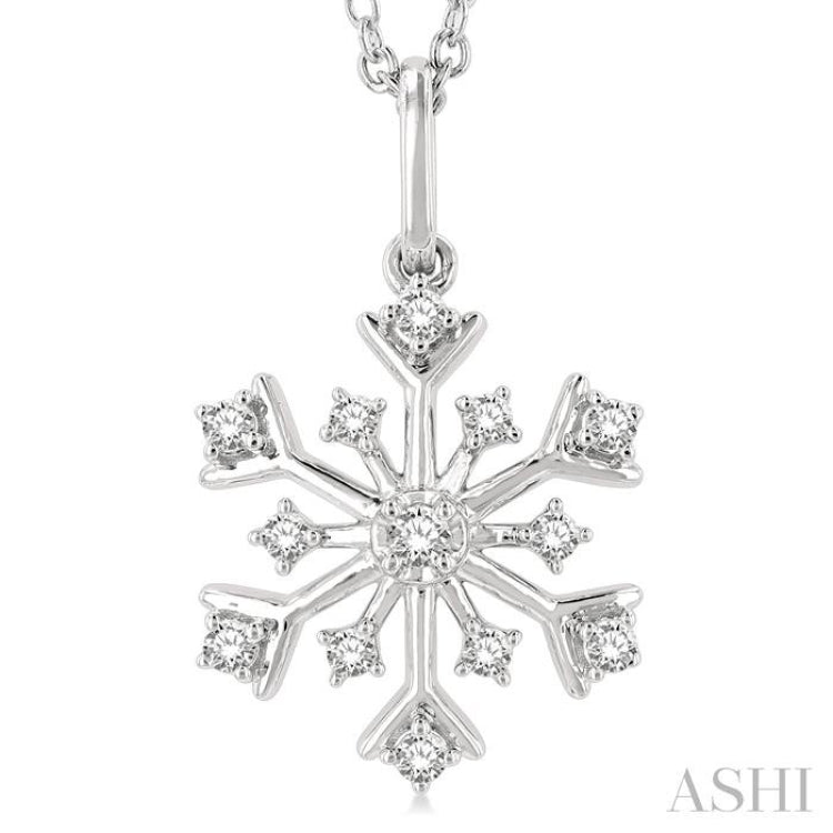 1/6 ctw Petite Snowflake Round Cut Diamond Fashion Pendant With Chain in 10K White Gold