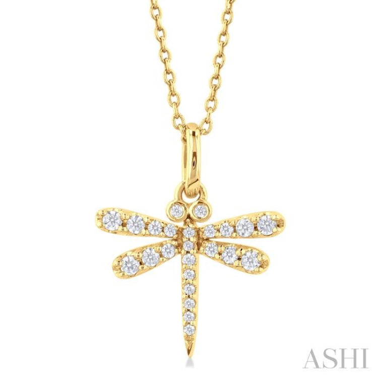 1/6 ctw Petite Dragonfly Round Cut Diamond Fashion Pendant With Chain in 10K Yellow Gold