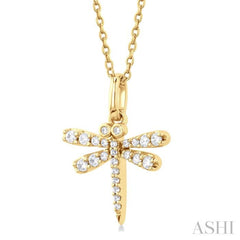 1/6 ctw Petite Dragonfly Round Cut Diamond Fashion Pendant With Chain in 10K Yellow Gold