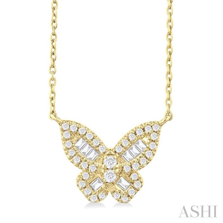 1/3 ctw Petite Butterfly Baguette and Round Cut Diamond Fashion Pendant With Chain in 10K Yellow Gold