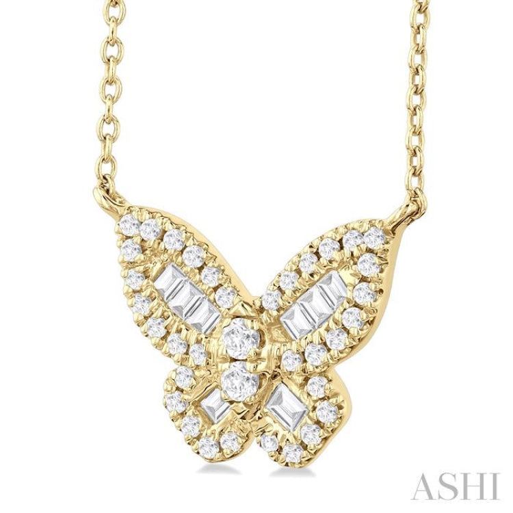 1/3 ctw Petite Butterfly Baguette and Round Cut Diamond Fashion Pendant With Chain in 10K Yellow Gold